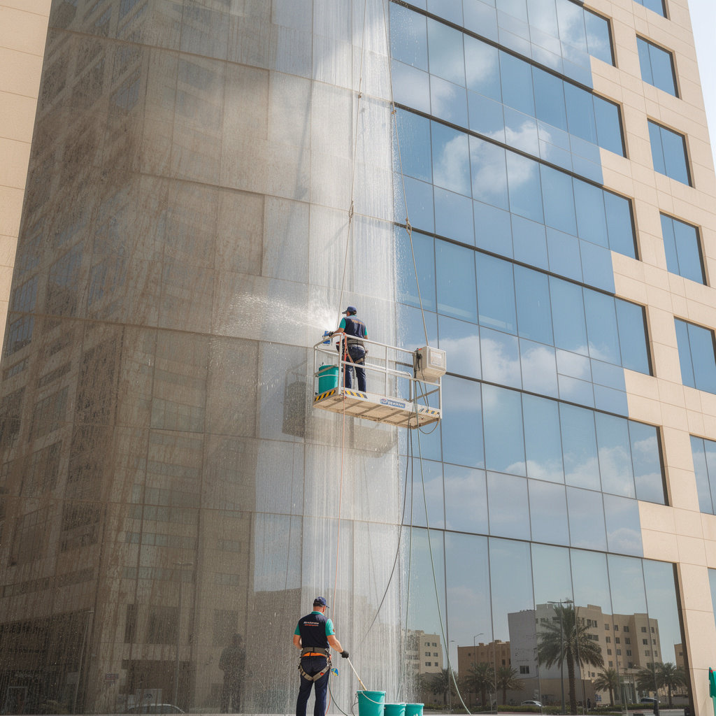 جلي بلاط ونظافة مدخل مبنى في الرياض بعد التنظيف الاحترافي
